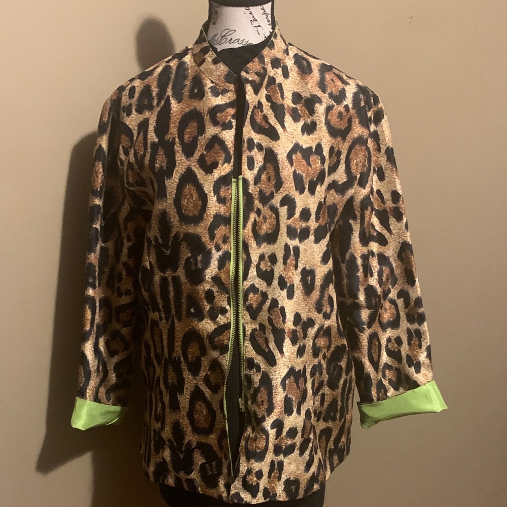 Lisa International Leopard Print Bomber Jacket with Neon Green Accents